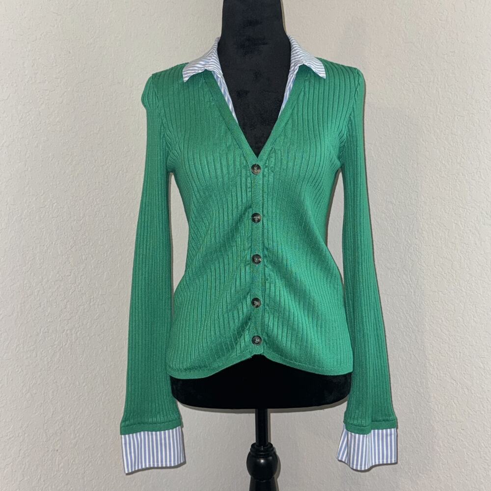 Anthropologie Green Ribbed Button-Up Cardigan with Stripe Trim